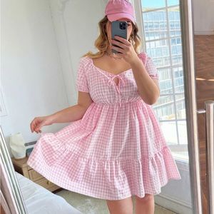 Qutie Plus Size PINK Gingham Print Tie Front Ruffle Hem Dress BARBIE